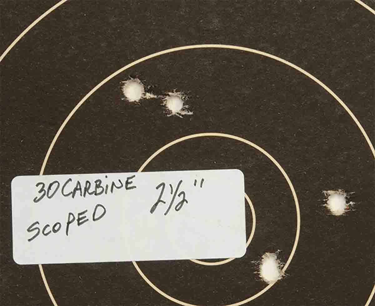 These are 100-yard groups with Inland’s .30 Carbines tightened noticeably after installing a Leupold Scout scope.